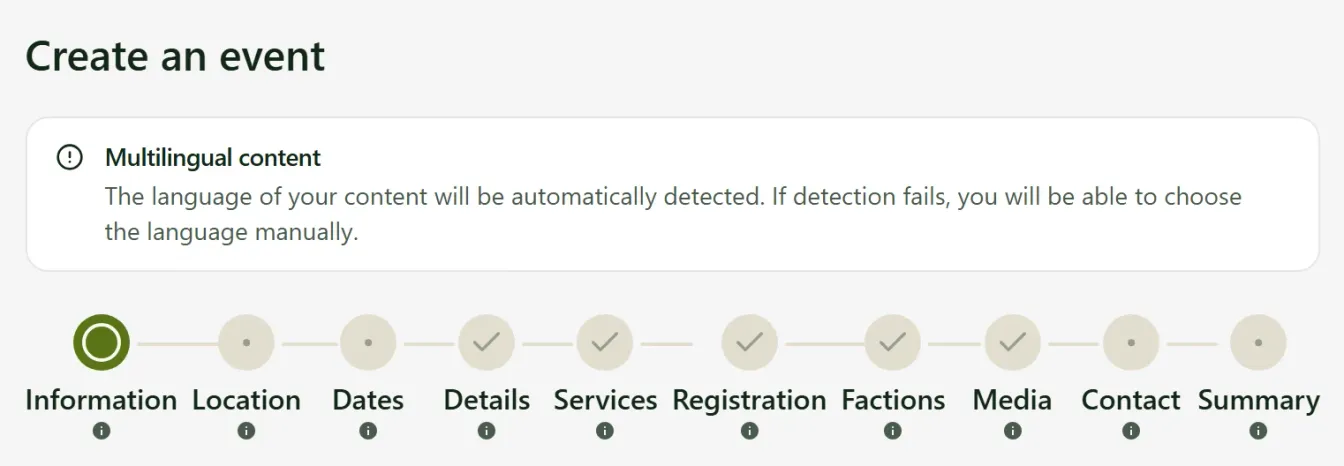 Header of the event form and its steps, from Information to Summary