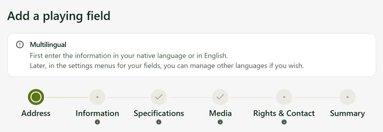 Header of the field form and its steps: Address, Information, Specifications, Media, Rights & Contact, Summary