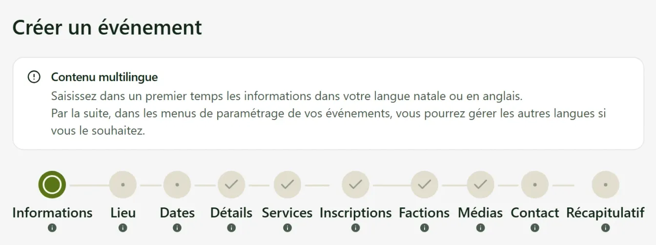 En-tête du formulaire d'événement et ses étapes, d'Informations à Récapitulatif