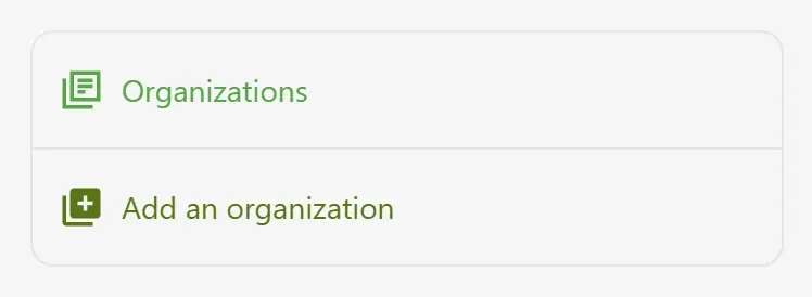 Organizations side menu, showing the “Add an organization” entry