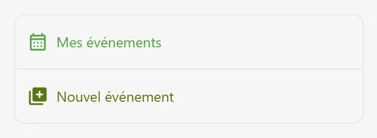 Menu latéral des événements, avec le bouton « Nouvel événement »